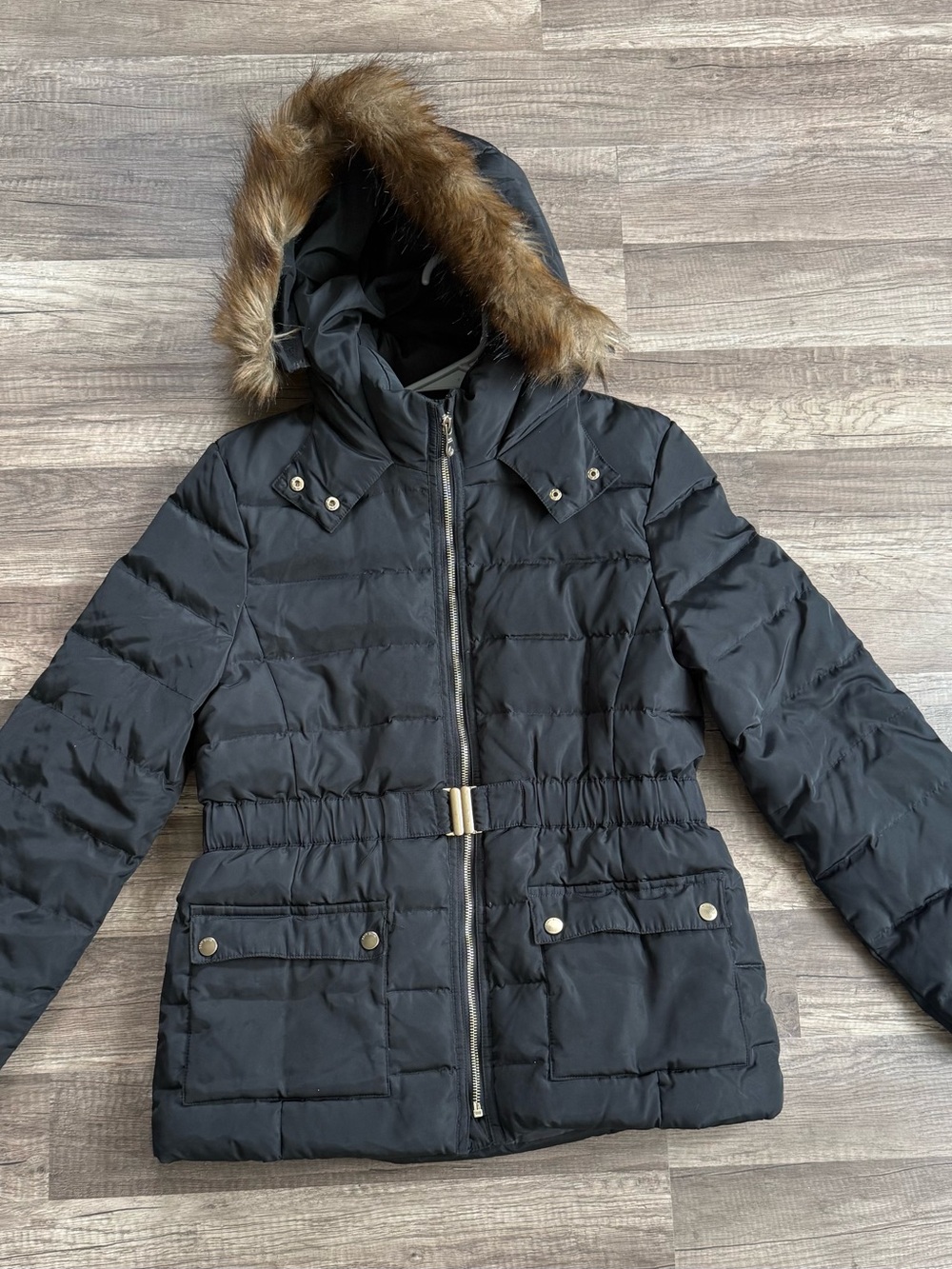 Zara Girls Black Down Puffer Jacket Faux Fur Hood Belt Size 13/14 (164 cm)